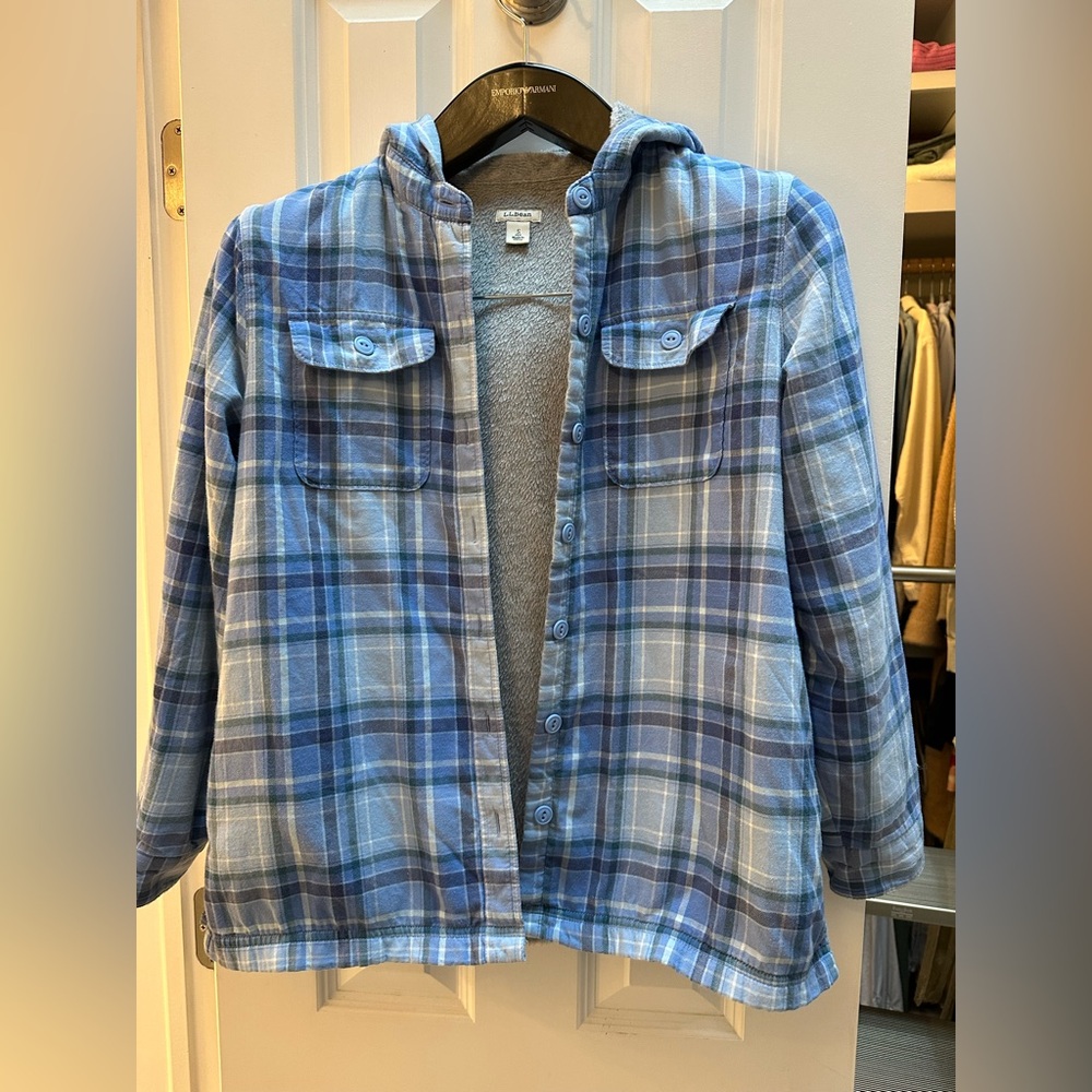 LL Bean Blue Plaid Fleece Lined Flannel Hoodie Shirt Shacket - Small Petite